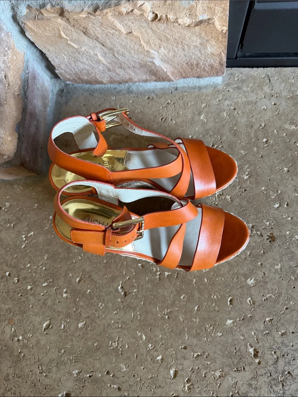 Michael Kors Orange Leather Espadrille Wedge Sandals with Gold Buckle
